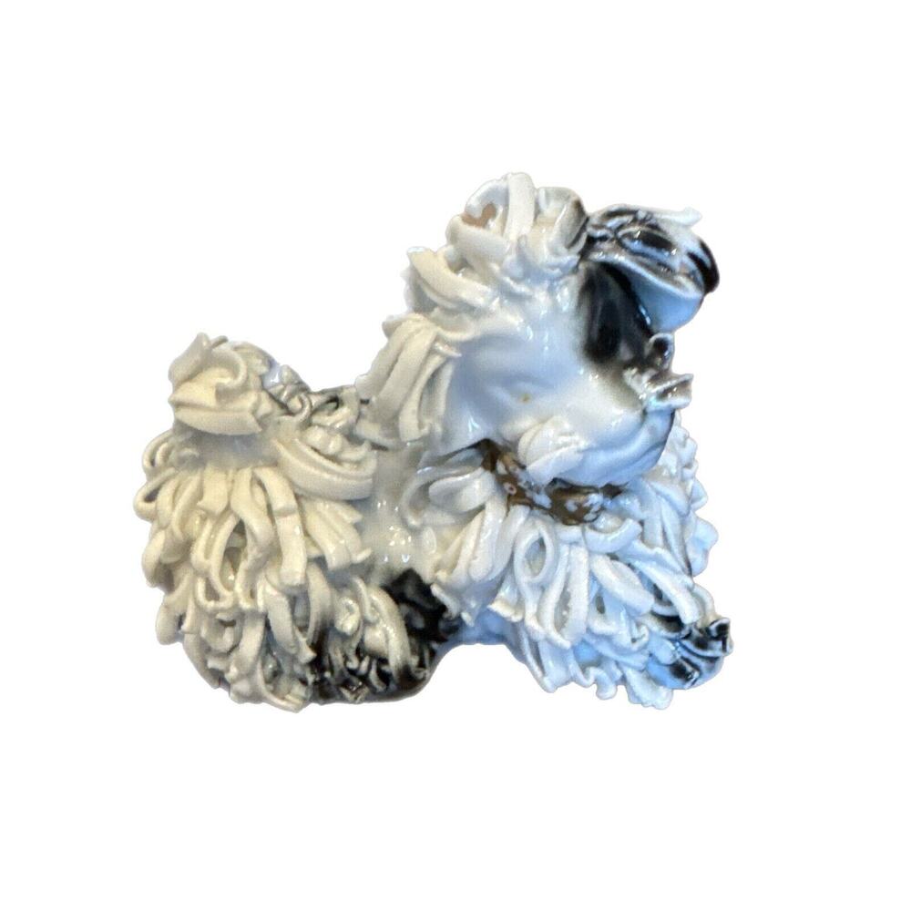 Rare Spaghetti Ceramic MCM Lhasa Apso Black White Porcelain Figurine Vintage EUC